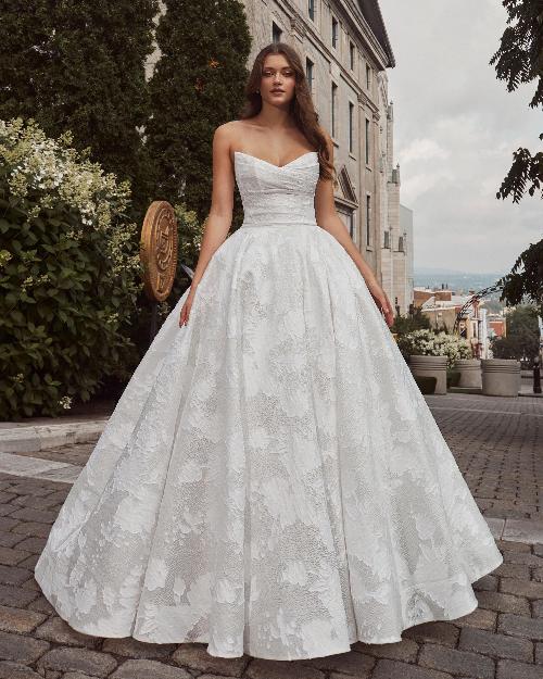 124113 jacquard or satin ball gown wedding dress with long train and pockets1
